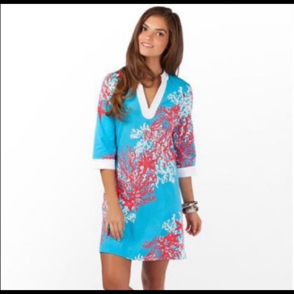 Coral red and blue cascade Lilly Pulitzer dress